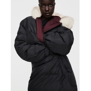 Zara Reversible Black Purple Puffer Coat with Faux Fur Trim Hoodie